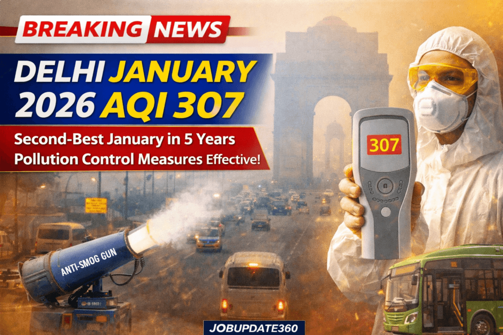 Delhi January 2026 AQI 307 banner showing pollution control efforts and smog situation