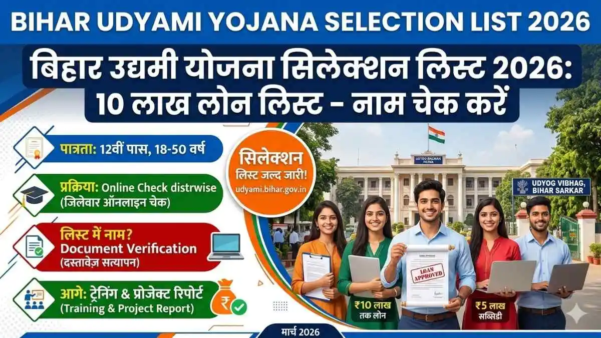 Bihar Udyami Yojana Selection List 2026 (बिहार उद्यमी योजना सिलेक्शन लिस्ट 2026: ₹10 लाख लोन लिस्ट – नाम चेक करें)