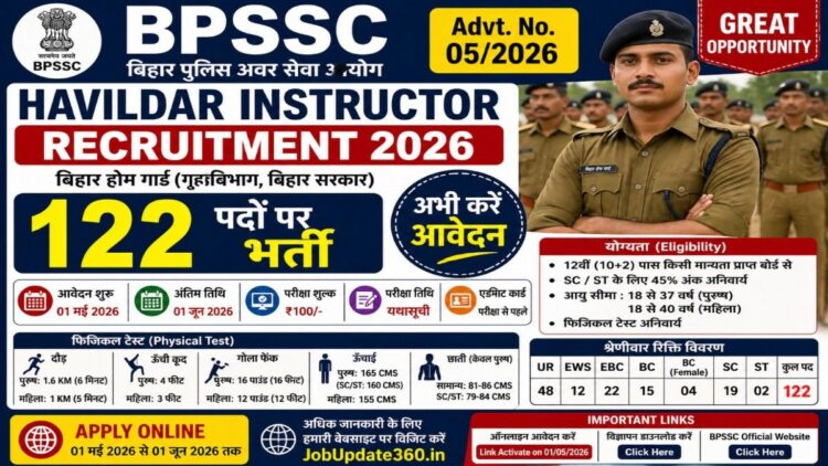 BPSSC Havildar Instructor Recruitment 2026 apply online 122 posts