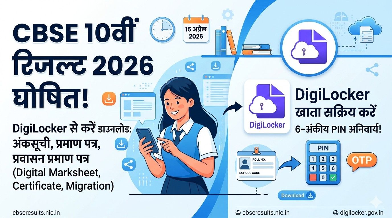 CBSE Class 10th Result 2026 announcement and DigiLocker download infographic, highlighting digital marksheets, certificates, and migration.