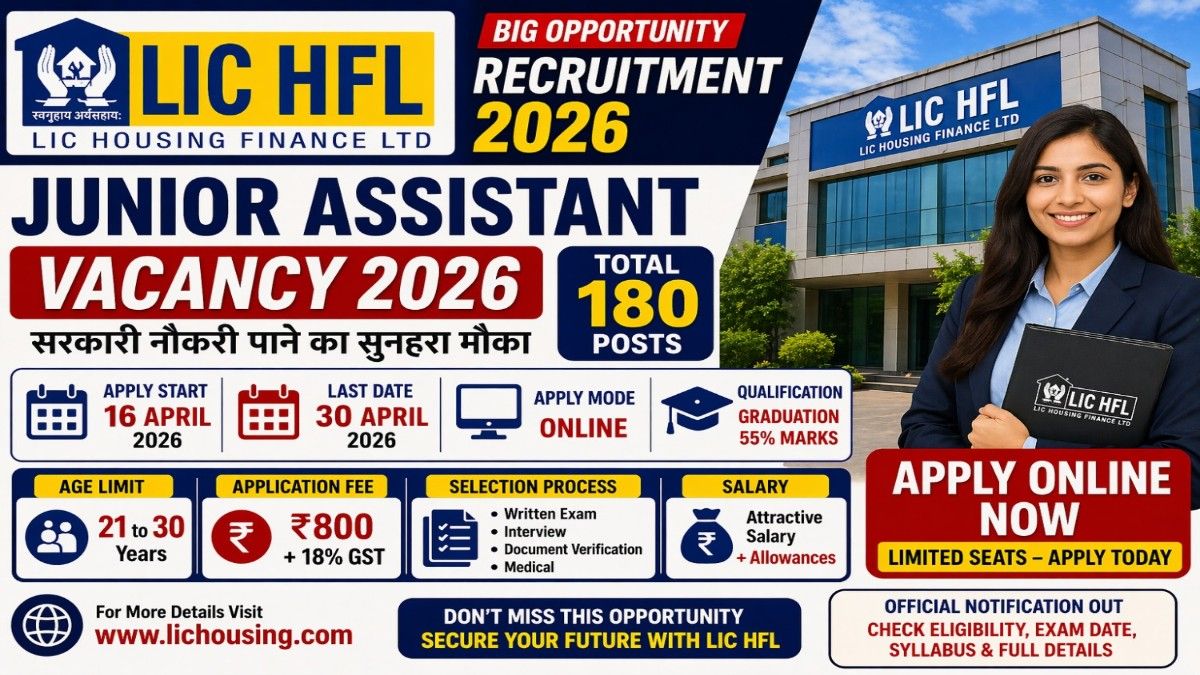 LIC HFL Junior Assistant Vacancy 2026 apply online 180 posts