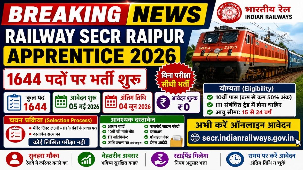 Railway SECR Raipur Apprentice 2026 ऑनलाइन आवेदन, SECR Apprentice Recruitment 2026